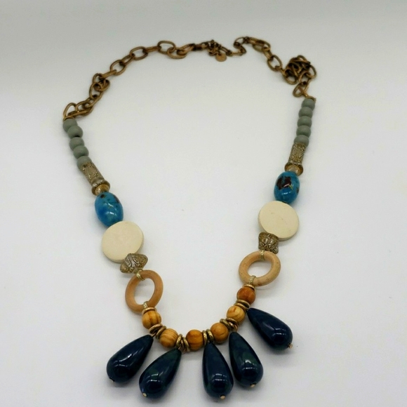 Women's Navy and Beaded Wood Long Statement Necklace - Picture 2 of 6
